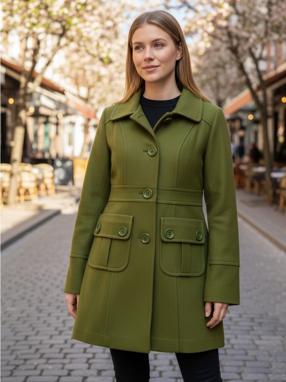 Tulle Olive Green Button-Front Women's Wool Blend Pea Coat Wool Blend Small